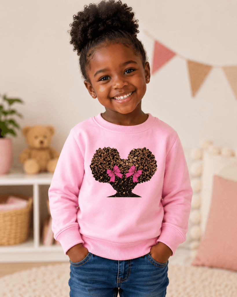 Flicka i rosa collegetröja med glittrigt afropuff-tryck
