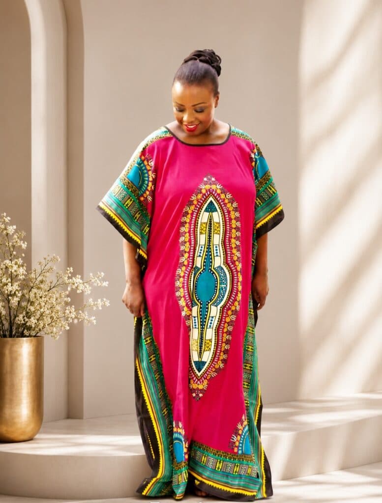 Rosa fotsid dashiki-boubou med turkos medaljong på modell