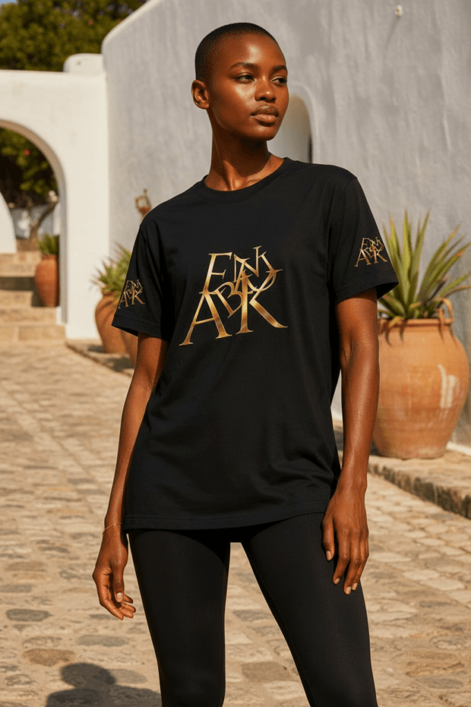 Svart t-shirt med stort Alkebulan-logotryck i guld på modell