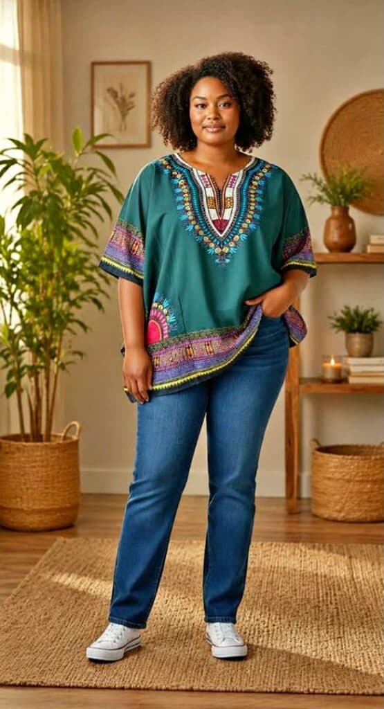 Grön dashiki-blus med färgglad halsbård och jeans på modell