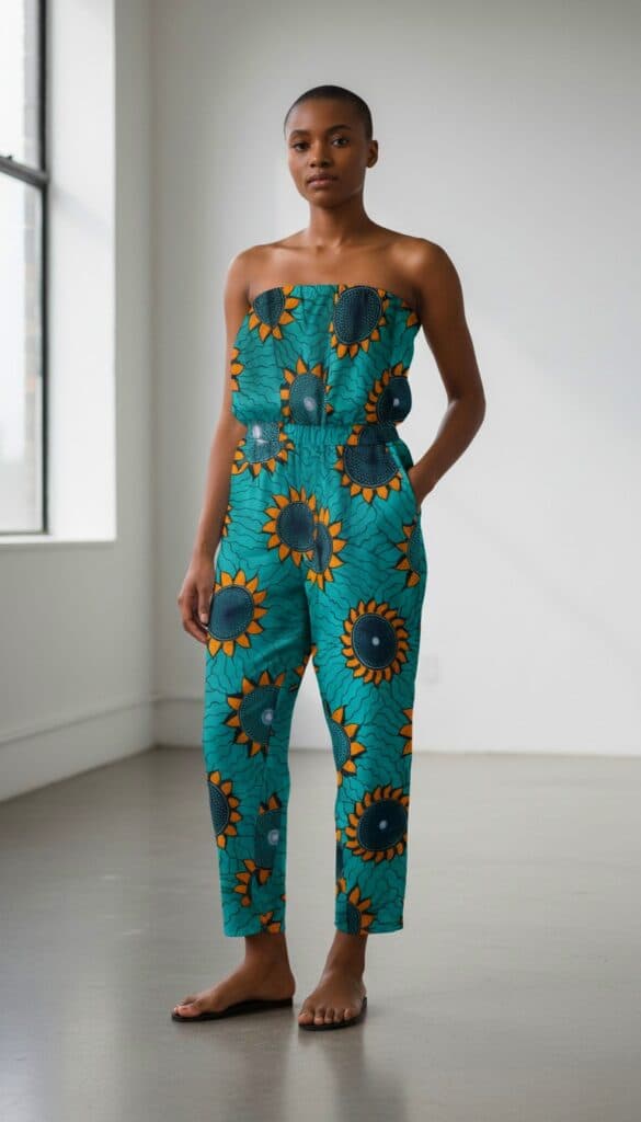 Turkos axelbandslös jumpsuit med orange blommotiv på modell