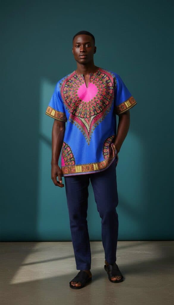 Man i klarblå dashiki med rosa medaljongmönster