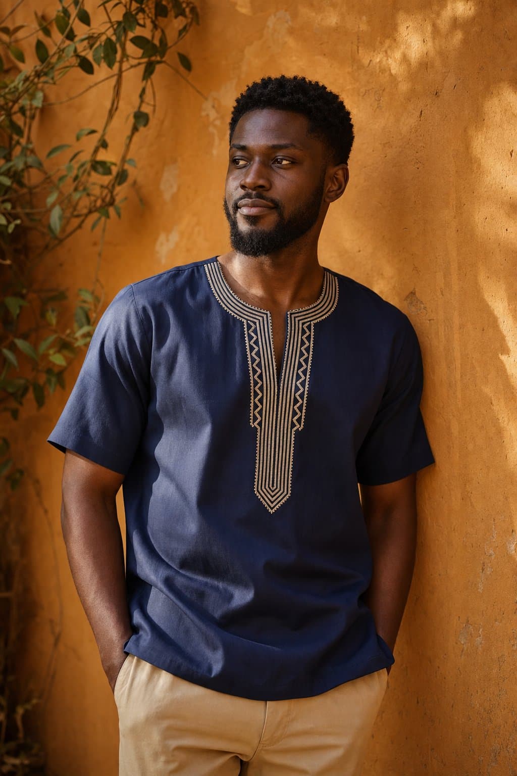 Man i blå dashiki mot en varm ockrafärgad vägg
