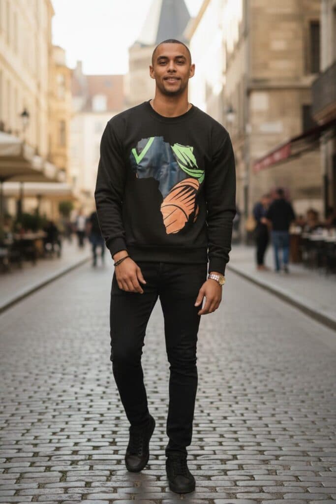 Man i svart sweatshirt med färgglatt tryck av Afrikas karta