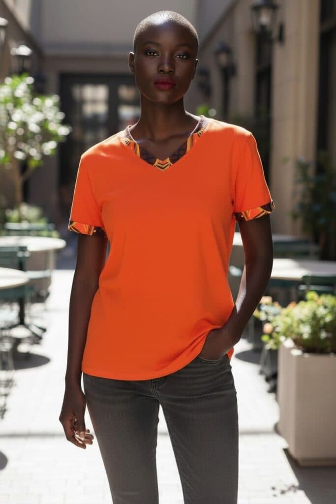Orange dashiki-t-shirt med mönstrad V-ringning på modell utomhus