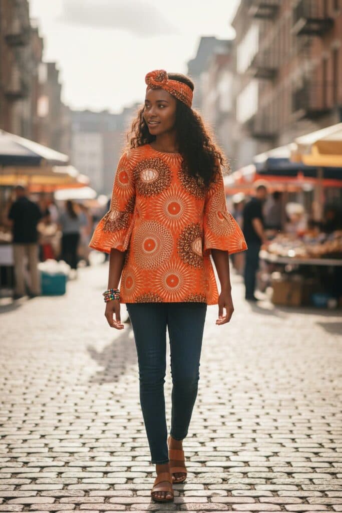 Orange mönstrad tunika med volangärmar och headwrap på modell