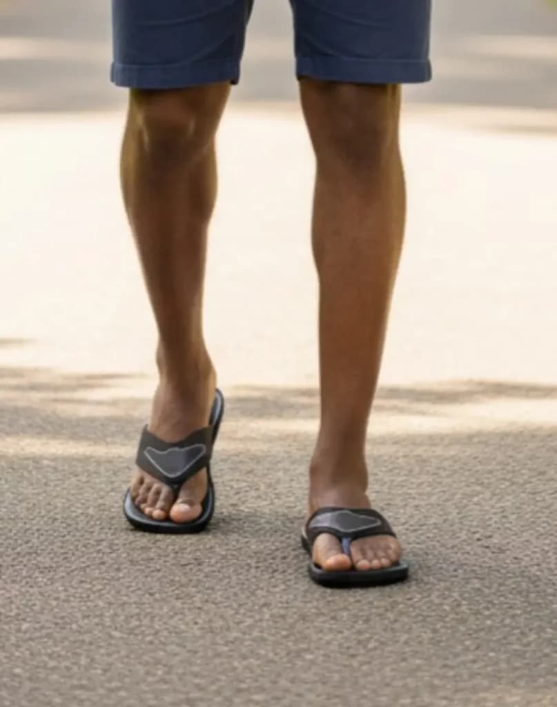 Man i mörkbruna flipflop-sandaler på asfalt