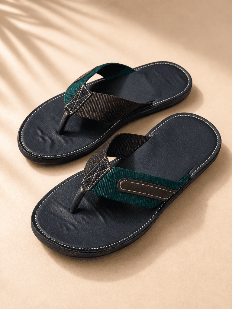 Mörkblå flipflop-sandaler med grön och brun rem